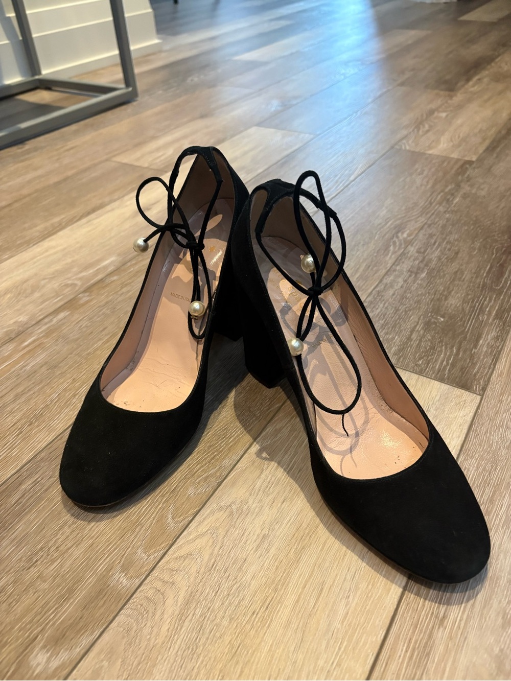 kate spade Black Suede Lace-Up Block Heels with Pearl Accents